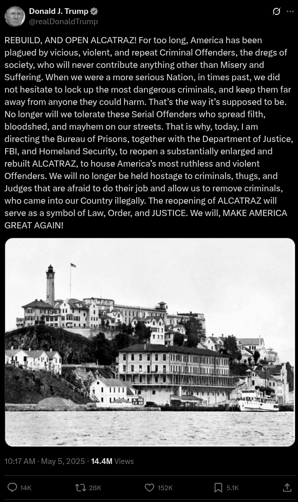 Trump X Post about Alcatraz